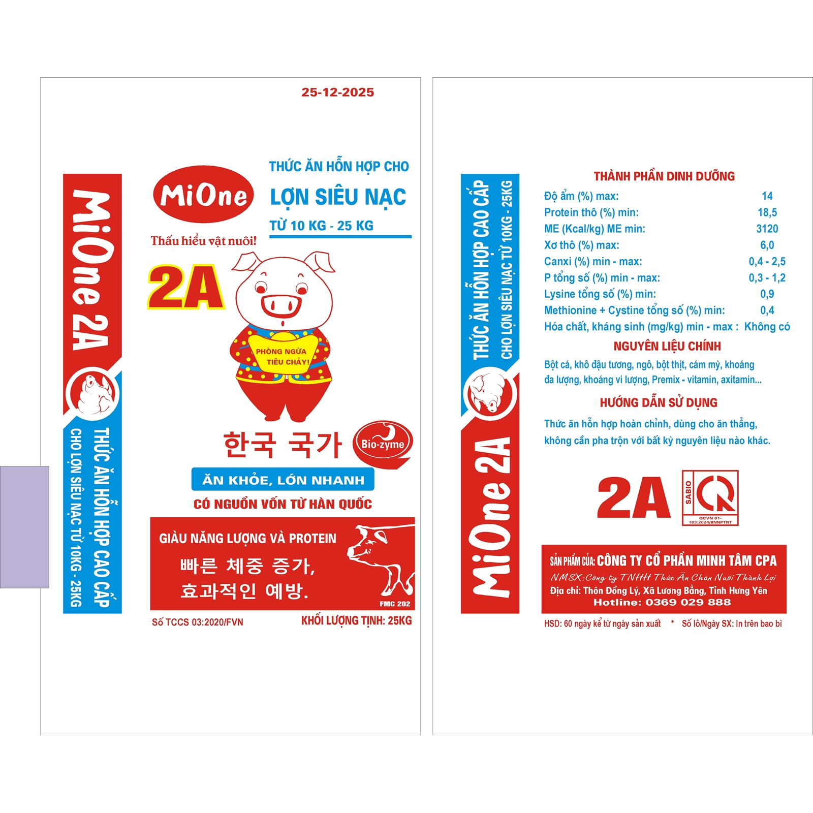 Hỗn hợp cho lợn siêu nạc từ 10kg đến 25kg - MIONE 2A